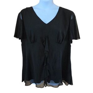 Black Ruffle-Front Blouse Peplum sweetheart neckline Sheer flutter sleeve goth